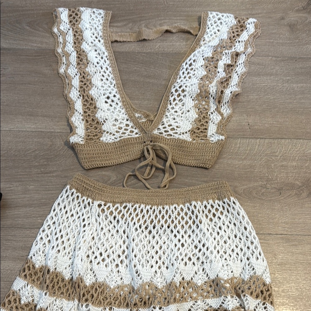 Crochet Halter Top and Skirt Set in White and Tan